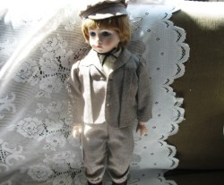 19'' LUTIN'' BISQUE FACE, LEATHER BODY BOY DOLL, TWEED SUIT REPRO 1980
